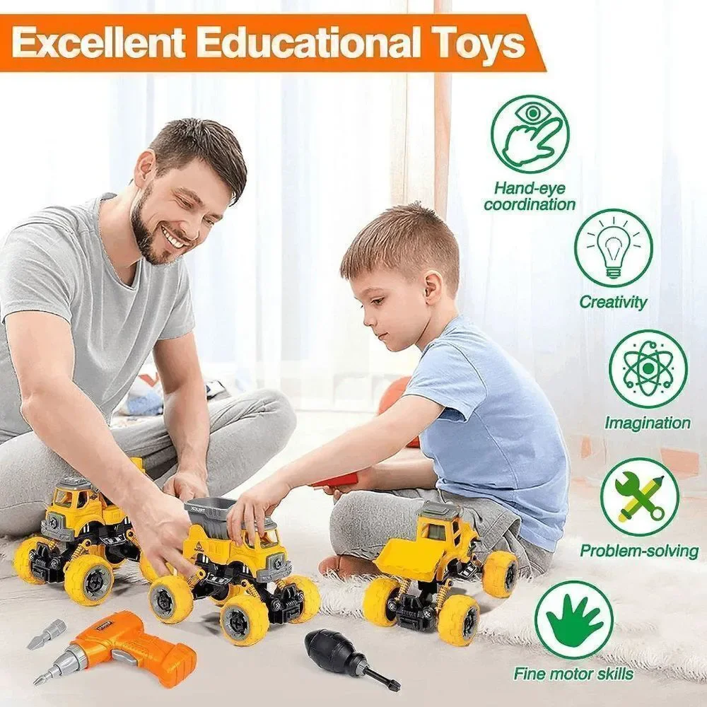 4-in-1 Take Apart Construction Toys for Kids, DIY Assembly Car Trucks w/Electric